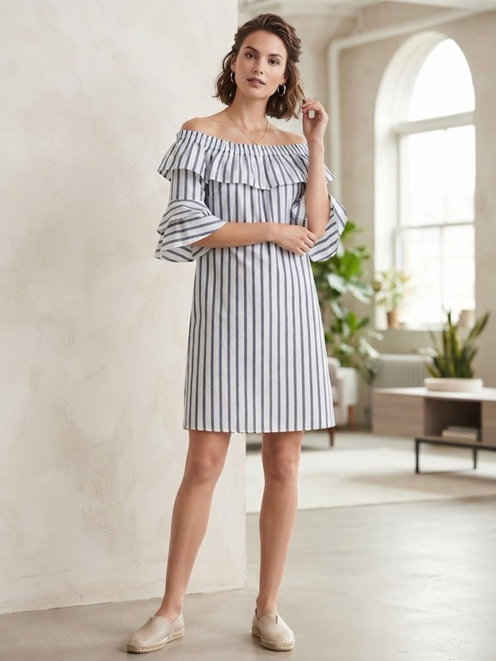 Striped Off-Shoulder Midi Dress in White and Navy